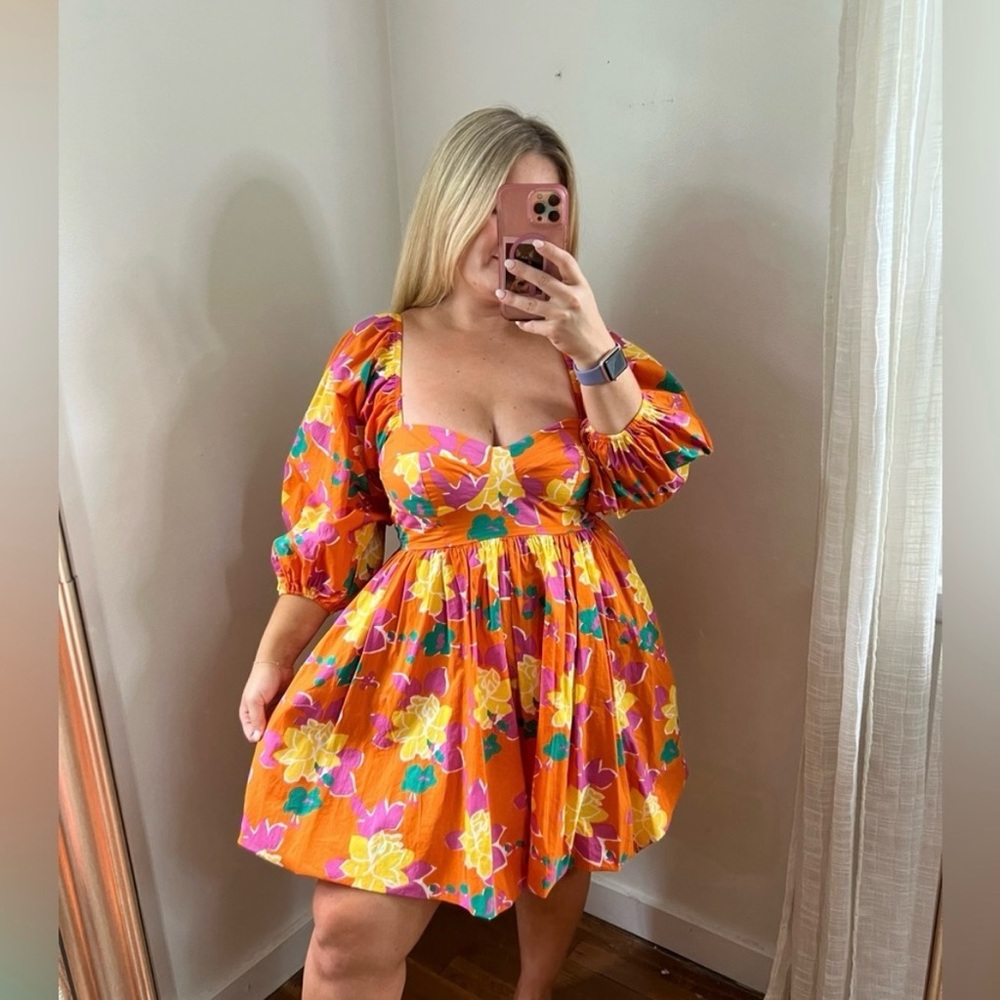 Altar’s State Floral Puff Sleeve Dress in Orange Medium